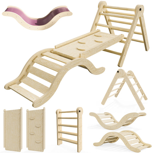 Pikler Triangle Set Climber 5 in 1, Toddler Climbing Toys Indoor Folding with Ramp & Arch & Mat for Montessori Play Gym for Toddlers and Kids (Natural)(99" Wx21 Dx23 H)