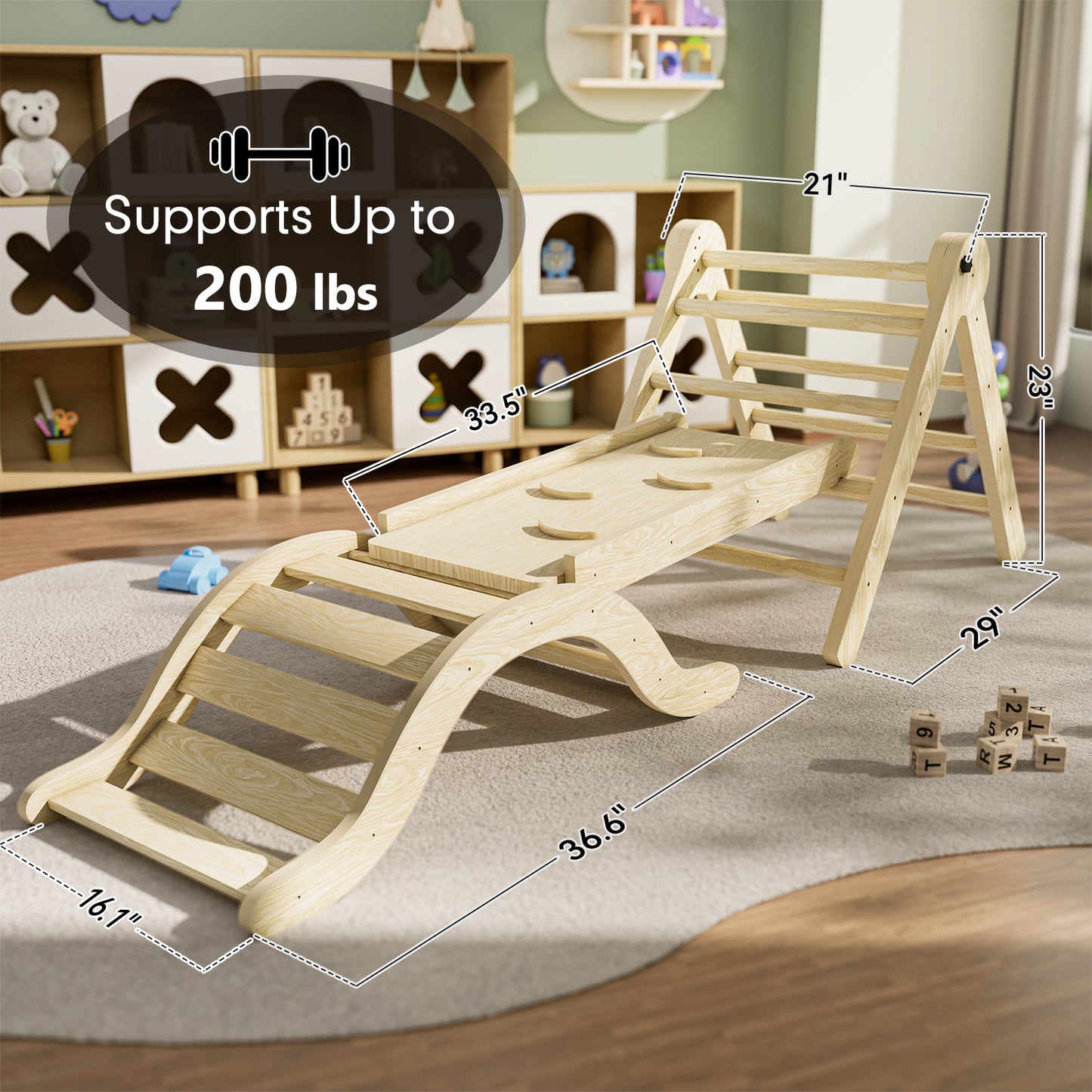 Pikler Triangle Set Climber 5 in 1, Toddler Climbing Toys Indoor Folding with Ramp & Arch & Mat for Montessori Play Gym for Toddlers and Kids (Natural)(99" Wx21 Dx23 H)
